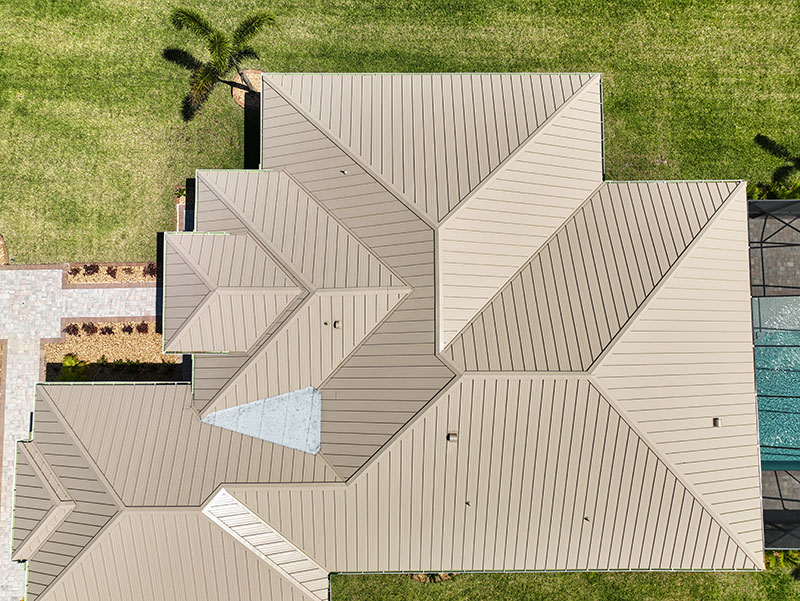 Standing seam metal roof panels, color Sierra Tan, wholesale supply materials florida