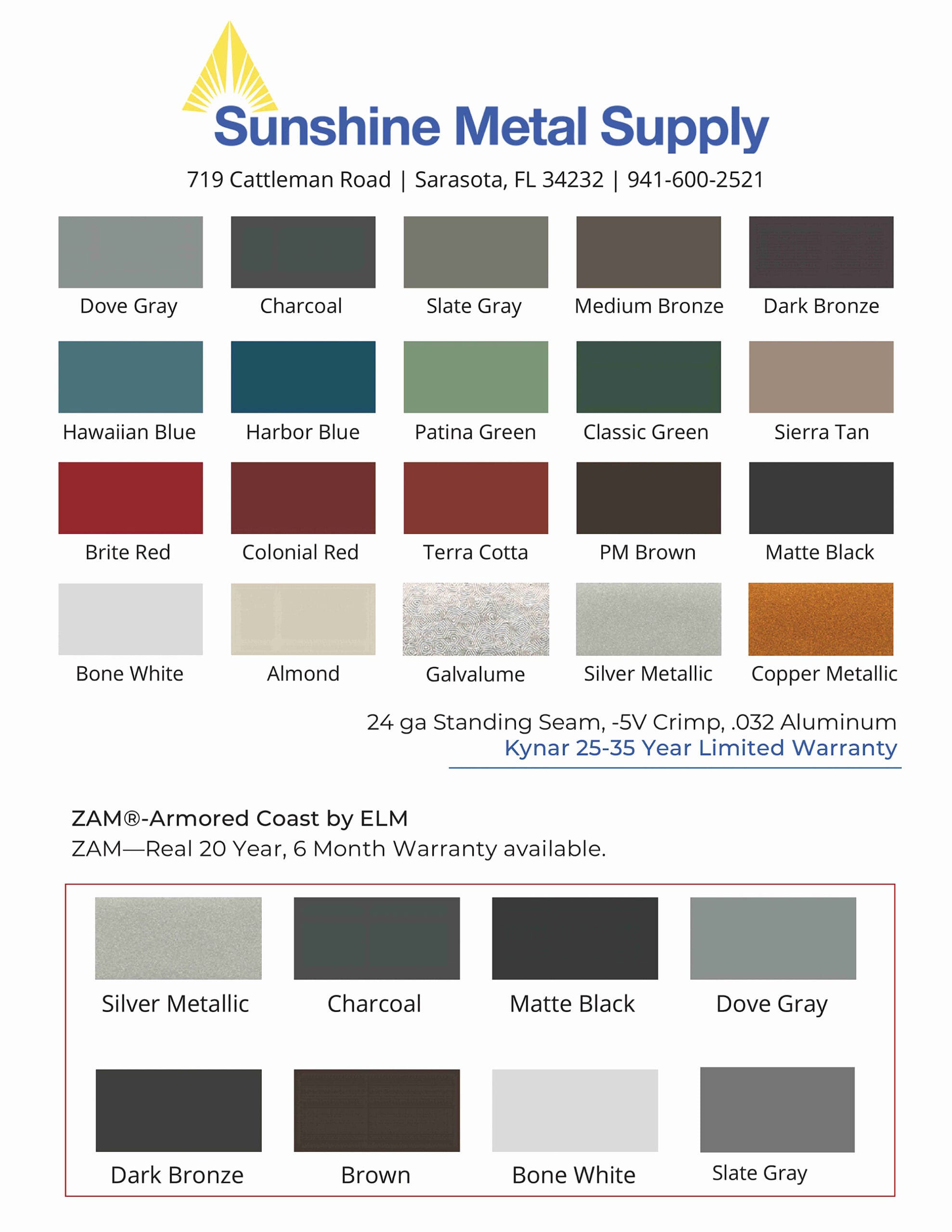 Metal Panel color card, sunshine metal supply