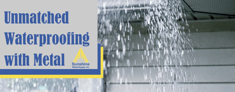 Rain pouring down a roof showcasing unmatched waterproofing with metal roofing by Sunshine Metal Supply, Inc.