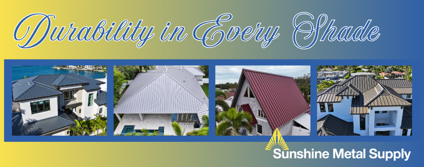 Various metal roofs showcasing durability and a range of metal roof styles and color options from Sunshine Metal Supply.