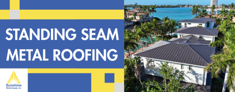 A professional Sunshine Metal Supply brand banner for standing seam metal roofing, featuring a coastal luxury home with a high-performance building envelope that integrates aesthetic beauty with building science resilience.