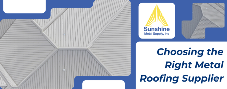 A professional banner from Sunshine Metal Supply titled "Choosing the Right Metal Roofing Supplier," featuring a clean white monolithic standing seam system for Metal Roofing in Sarasota, FL.