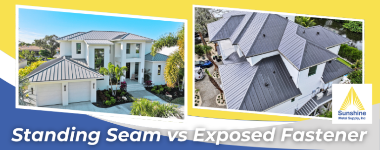A comparative graphic displaying two coastal luxury homes to highlight various Metal Roofing Types, specifically a standing seam profile versus an exposed fastener system by Sunshine Metal Supply.