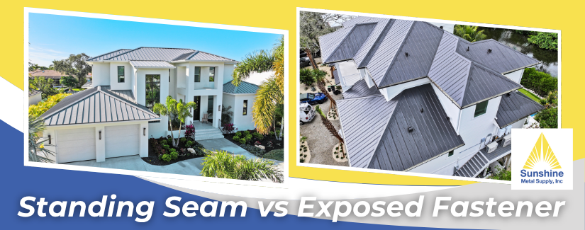 A comparative graphic displaying two coastal luxury homes to highlight various Metal Roofing Types, specifically a standing seam profile versus an exposed fastener system by Sunshine Metal Supply.