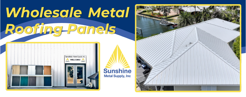 A commercial marketing banner for premium Metal Roofing in Bradenton, FL, by Sunshine Metal Supply, displaying a vibrant color panel showroom display and a completed white metal roof system.