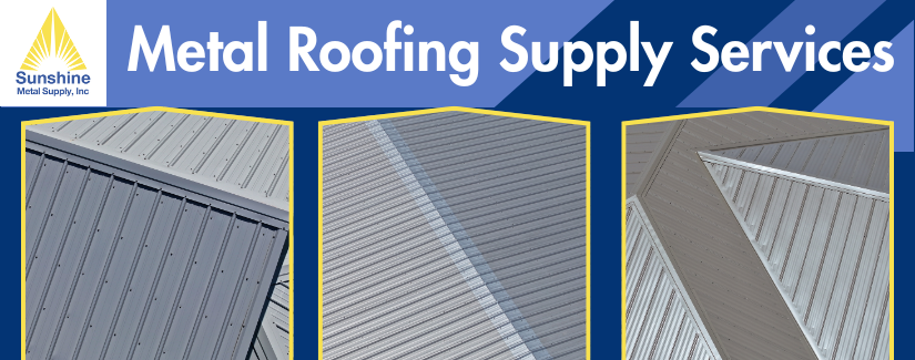 A commercial display graphic for Metal Roofing Naples FL by Sunshine Metal Supply, showcasing three distinct high-performance corrugated and standing seam panel profiles.
