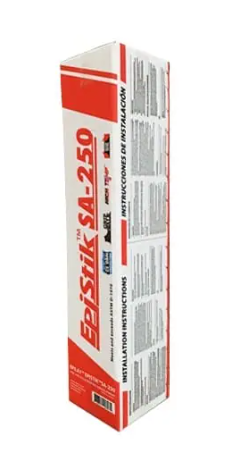 A box of premium Epistik SA-250 high-temperature self-adhering underlayment, used beneath substrate panels for Metal Roofing Naples FL supplied by Sunshine Metal Supply.