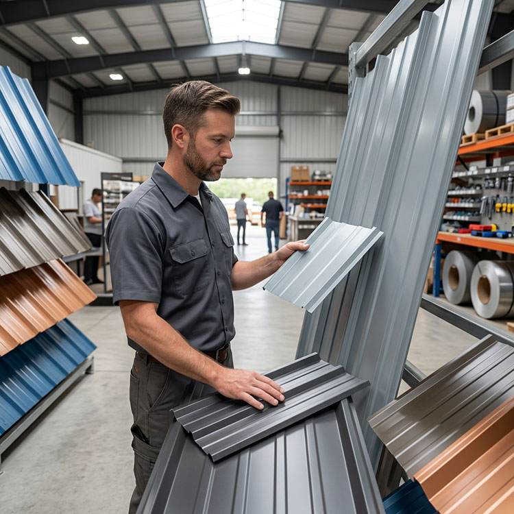 metal roofing contractor choosing metal panels for a job
