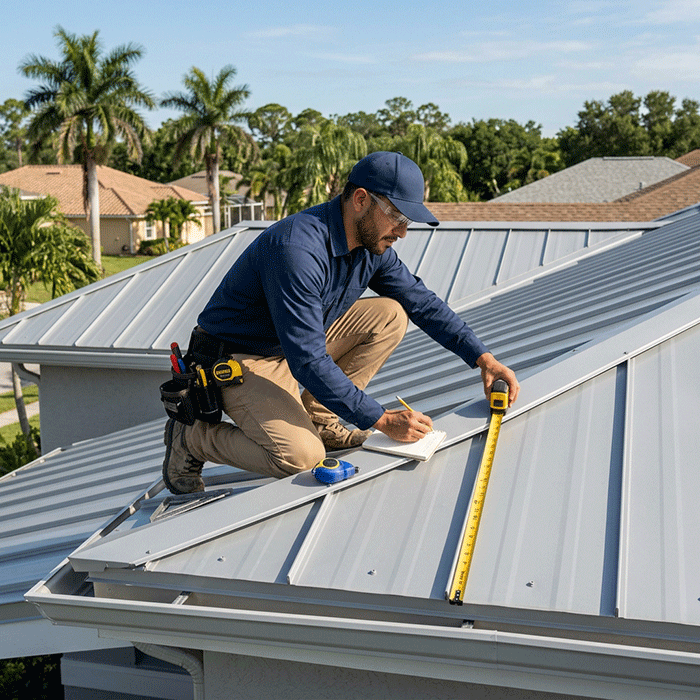 Metal roofing contractor taking measurements on a roof